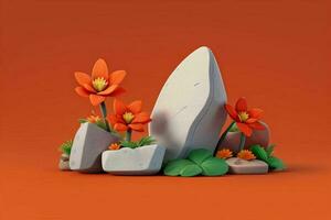 AI generated 3D display podium stone with flowers, green leaves, and rock for Presentation of the product. Pro Photo