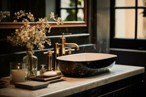 AI generated a bathroom sink with flowers and a mirror photo