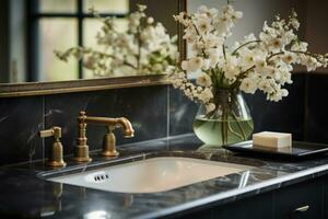 ai generado un baño lavabo con flores y un espejo foto