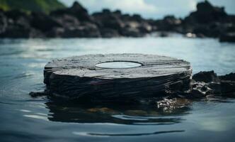 AI generated a black lava stone sitting on top of a table in the middle of the ocean photo