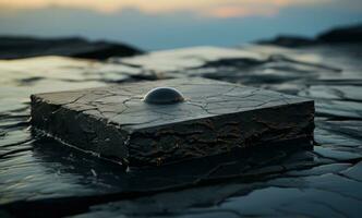 AI generated a black lava stone sitting on top of a table in the middle of the ocean photo