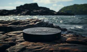 AI generated a black lava stone sitting on top of a table in the middle of the ocean photo