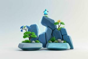 AI generated 3D display podium stone with flowers, green leaves, and rock for Presentation of the product. Pro Photo