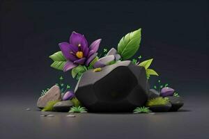 AI generated 3D display podium stone with flowers, green leaves, and rock for Presentation of the product. Pro Photo