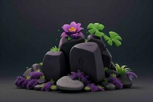 AI generated 3D display podium stone with flowers, green leaves, and rock for Presentation of the product. Pro Photo