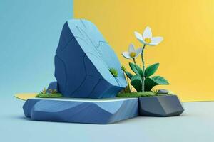 AI generated 3D display podium stone with flowers, green leaves, and rock for Presentation of the product. Pro Photo