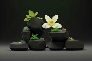 AI generated 3D display podium stone with flowers, green leaves, and rock for Presentation of the product. Pro Photo