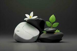 AI generated 3D display podium stone with flowers, green leaves, and rock for Presentation of the product. Pro Photo