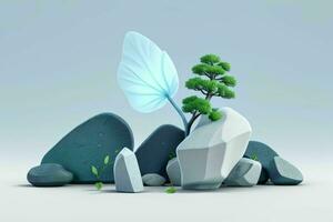 AI generated 3D display podium stone with flowers, green leaves, and rock for Presentation of the product. Pro Photo