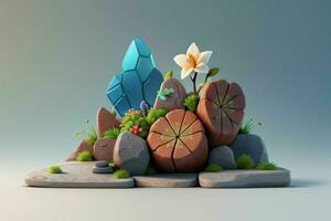 AI generated 3D display podium stone with flowers, green leaves, and rock for Presentation of the product. Pro Photo