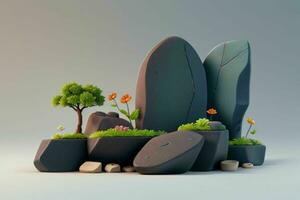 AI generated 3D display podium stone with flowers, green leaves, and rock for Presentation of the product. Pro Photo