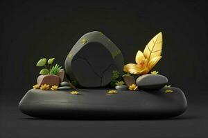 AI generated 3D display podium stone with flowers, green leaves, and rock for Presentation of the product. Pro Photo