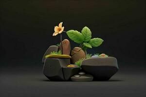 AI generated 3D display podium stone with flowers, green leaves, and rock for Presentation of the product. Pro Photo