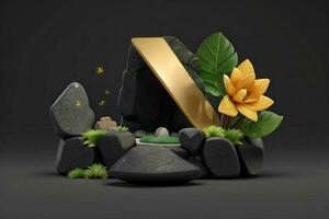 AI generated 3D display podium stone with flowers, green leaves, and rock for Presentation of the product. Pro Photo