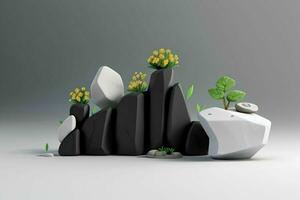 AI generated 3D display podium stone with flowers, green leaves, and rock for Presentation of the product. Pro Photo