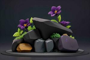 AI generated 3D display podium stone with flowers, green leaves, and rock for Presentation of the product. Pro Photo