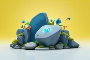 AI generated 3D display podium stone with flowers, green leaves, and rock for Presentation of the product. Pro Photo