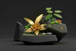 AI generated 3D display podium stone with flowers, green leaves, and rock for Presentation of the product. Pro Photo