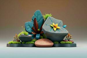 AI generated 3D display podium stone with flowers, green leaves, and rock for Presentation of the product. Pro Photo