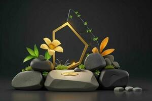 AI generated 3D display podium stone with flowers, green leaves, and rock for Presentation of the product. Pro Photo