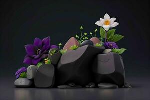 AI generated 3D display podium stone with flowers, green leaves, and rock for Presentation of the product. Pro Photo