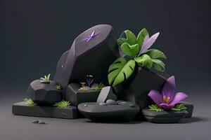 AI generated 3D display podium stone with flowers, green leaves, and rock for Presentation of the product. Pro Photo