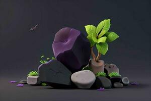 AI generated 3D display podium stone with flowers, green leaves, and rock for Presentation of the product. Pro Photo