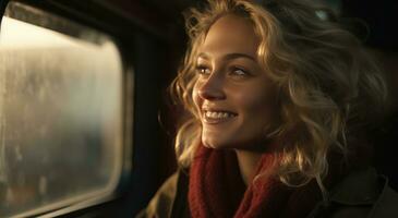 ai generado un rubio niña sonrisas fuera de un ventana como ella abordó un tren foto