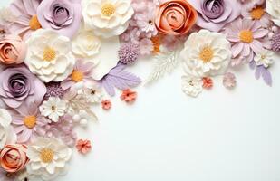 ai generado un marco decorado con púrpura y blanco flores foto