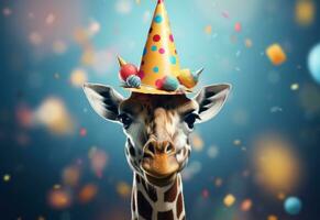 AI generated a giraffe in a birthday hat photo