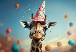 AI generated a giraffe in a birthday hat photo