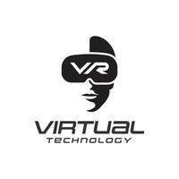 Virtual reality technology logo on white background, man head silhouette with helmet VR letters vector