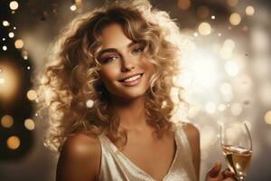 AI generated a girl with blond curls pours champagne photo