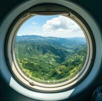 ai generado aerolínea ventanas japonés montañas foto