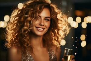 AI generated a girl with blond curls pours champagne photo