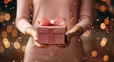 AI generated a happy birthday gift wrapped in pink ribbon is held in the hands of persons photo