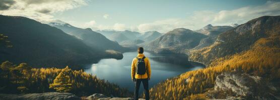 ai generado un hombre en pie con su espalda a el lago, foto