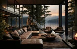 AI generated a modern living room with a view of the lake photo