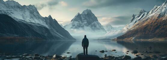 ai generado un persona en pie por un lago con montañas en el antecedentes foto