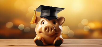 AI generated a piggy bank is wearing a graduation cap photo