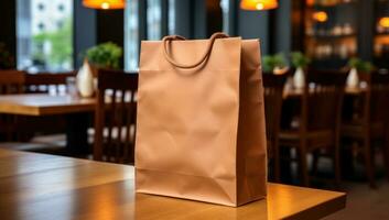 AI generated brown paper paper bag flat on a wooden table photo