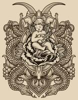 Illustration vector cupid angel playing guitar sitting on rose with engraving ornament