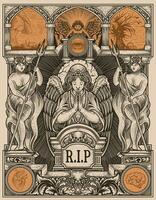 Illustration vector angels praying at the tombstone with engraving ornament frame