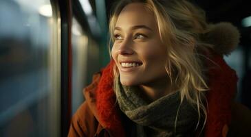 AI generated a blond girl smiles out of a window as she boarded a train photo
