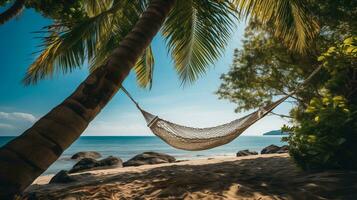 AI generated Palm Trees and Seaside Hammock with Space for Text Background photo