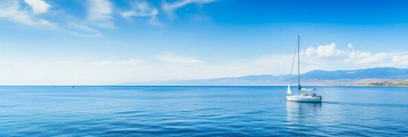 AI generated Top Down Perspective of a Lone Sailboat Moored in a Tranquil Blue Cove with Space for Copy photo