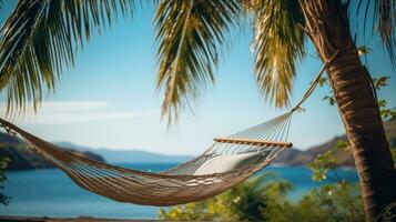 AI generated Palm Trees with Hammock by the Sea   Background with Space for Text photo