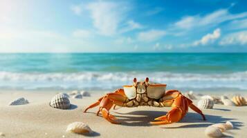 AI generated Hermit Crab Trekking on Golden Beach with Tropical Island Backdrop and Space for Text photo