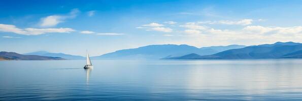 AI generated Top Down View of a Lonely Sailboat in a Peaceful Blue Cove with Space for Text photo