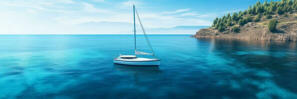 AI generated Top Down Perspective of Lone Sailboat in Tranquil Blue Cove with Space for Text photo